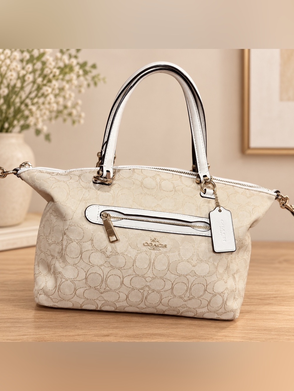 Coach Cream Signature Canvas Satchel with White Trim